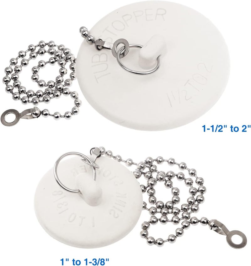 Opzour 6 Packs Tub Stopper, Rubber Bathtub Stoppers Drain Plug, 2Pcs 15" Stainless Steel Beaded Chain, 6 Different Sizes Premium Bathroom Plug Fit for Kitchen, Bathroom Bath tub and Laundry Sink, White - Image 2